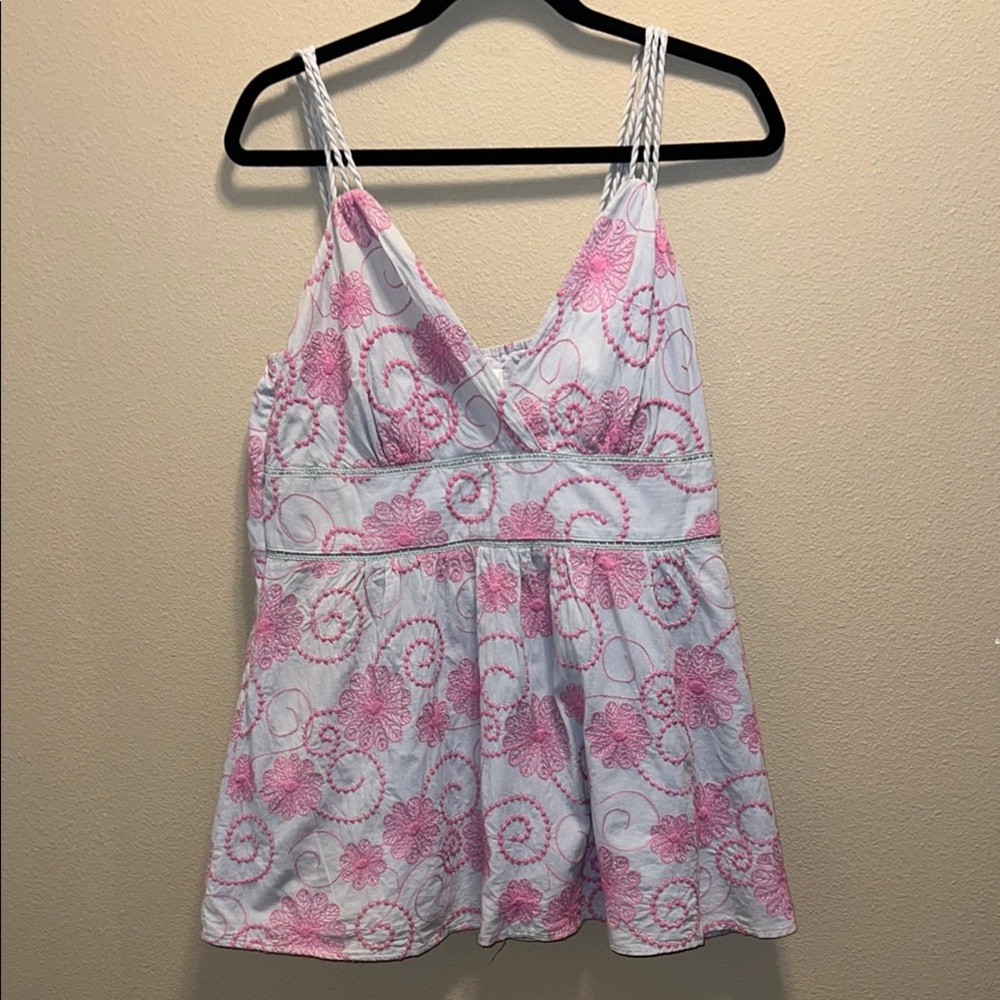 Romy Women’s Pink and Gray Wrap Tank Top SZ XL Side Zipper Fitted Waist Floral